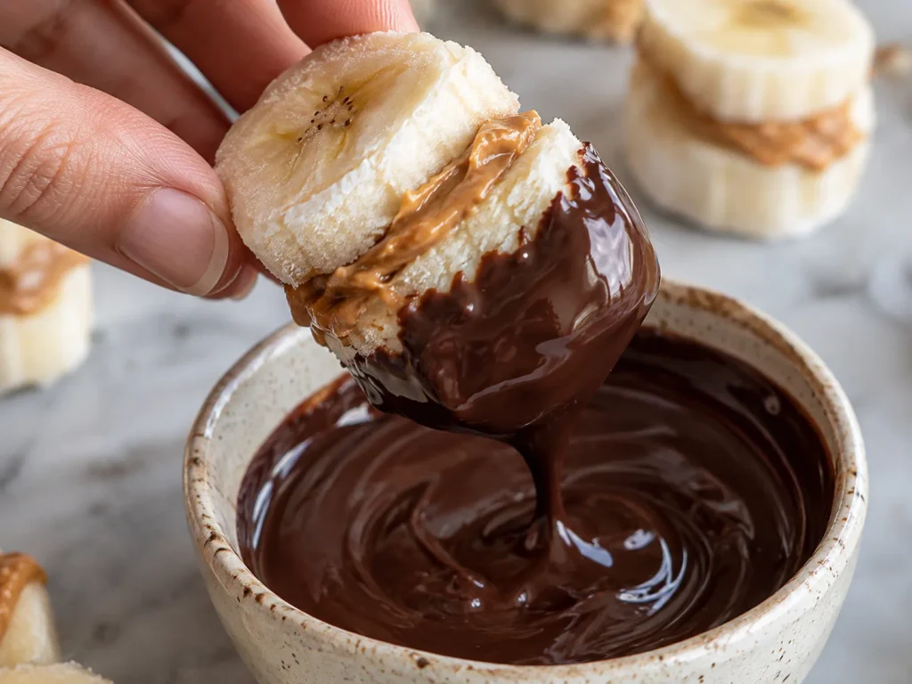 Healthy Snacks: 12 Simple Recipes to Grab Fast or Make Ahead 12 Frozen banana and peanut butter bite dipped by hand into melted dark chocolate