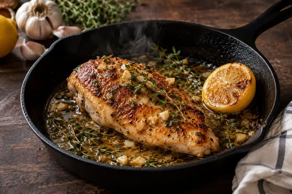 Chicken Breast Recipes: 12 Juicy Ways to Fix Weeknight Dinner 2 Seared chicken breast in a skillet with garlic butter sauce and fresh thyme