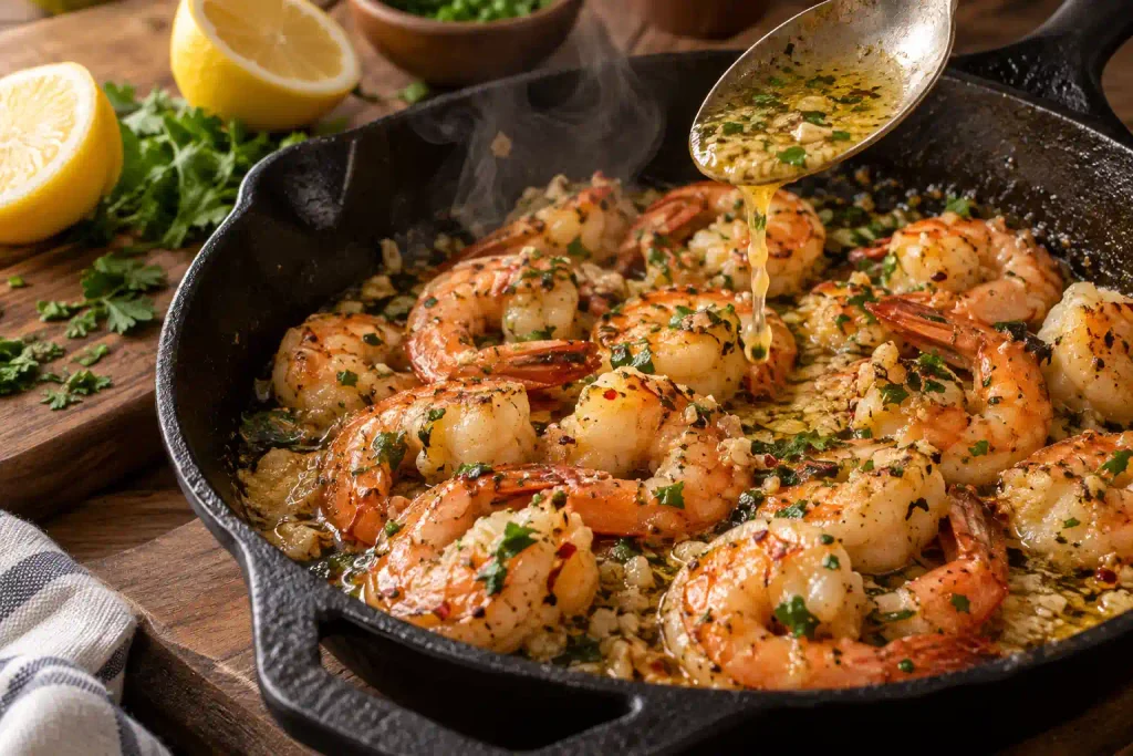 Dinner Ideas: 12 Easy Recipes for Fast Nights and Slow Ones 2 Garlic butter shrimp curled in a cast iron skillet while a spoon bastes them with melted butter