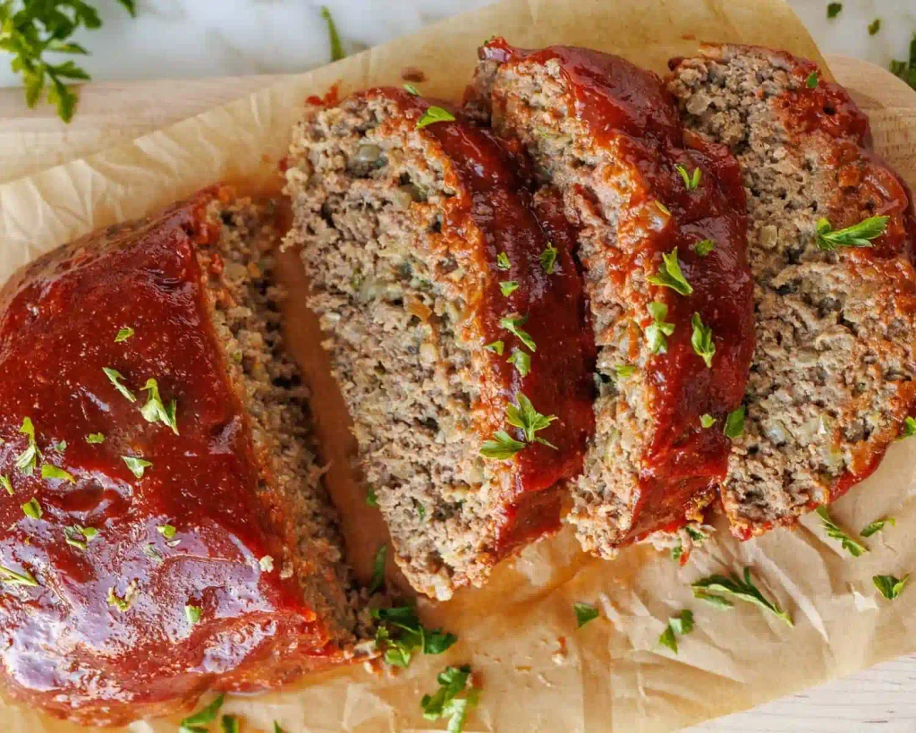 Meatloaf Recipe: A Juicy, 9 Ingredient Classic That Holds Together 2 Sliced homemade meatloaf topped with glossy tomato glaze and fresh parsley