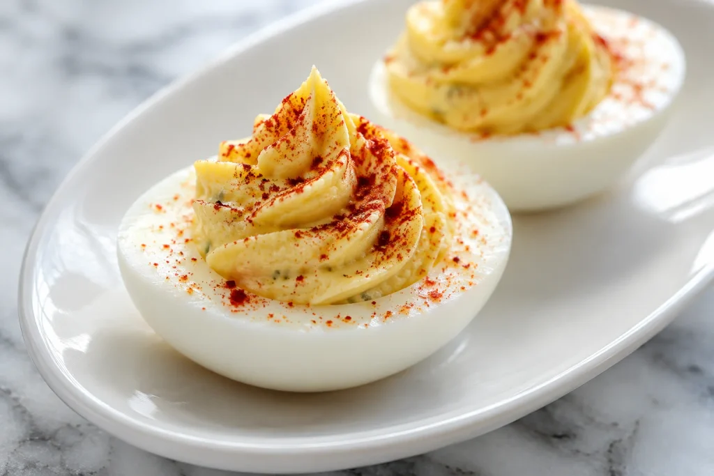Healthy Snacks: 12 Simple Recipes to Grab Fast or Make Ahead 8 Deviled egg half with creamy yolk filling and paprika on a white plate