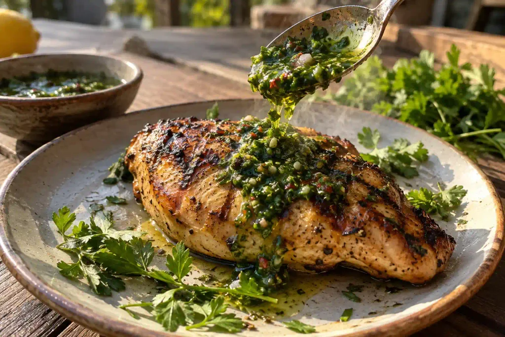 Chicken Breast Recipes: 12 Juicy Ways to Fix Weeknight Dinner 12 Chimichurri sauce spooned over grilled chicken with visible char marks