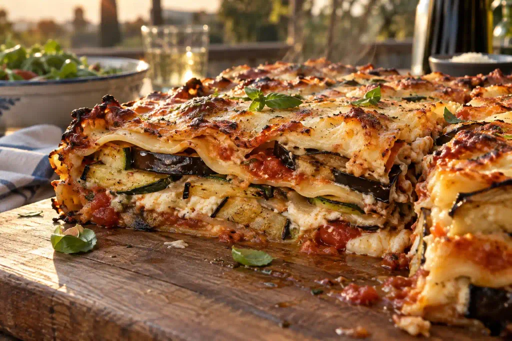 Sliced grilled vegetable lasagna showing charred zucchini and eggplant layers