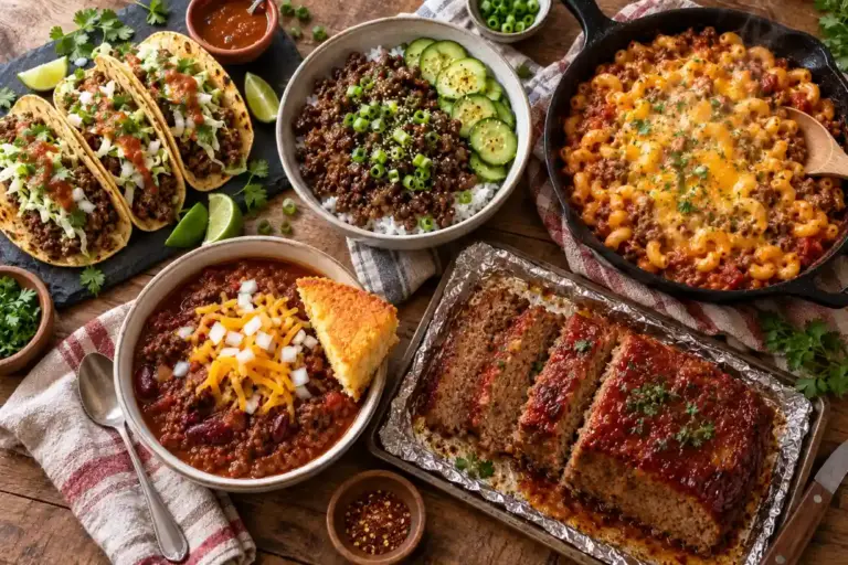 Ground beef recipes spread with a rice bowl, tacos, cheeseburger pasta, chili and meatloaf on a wooden table