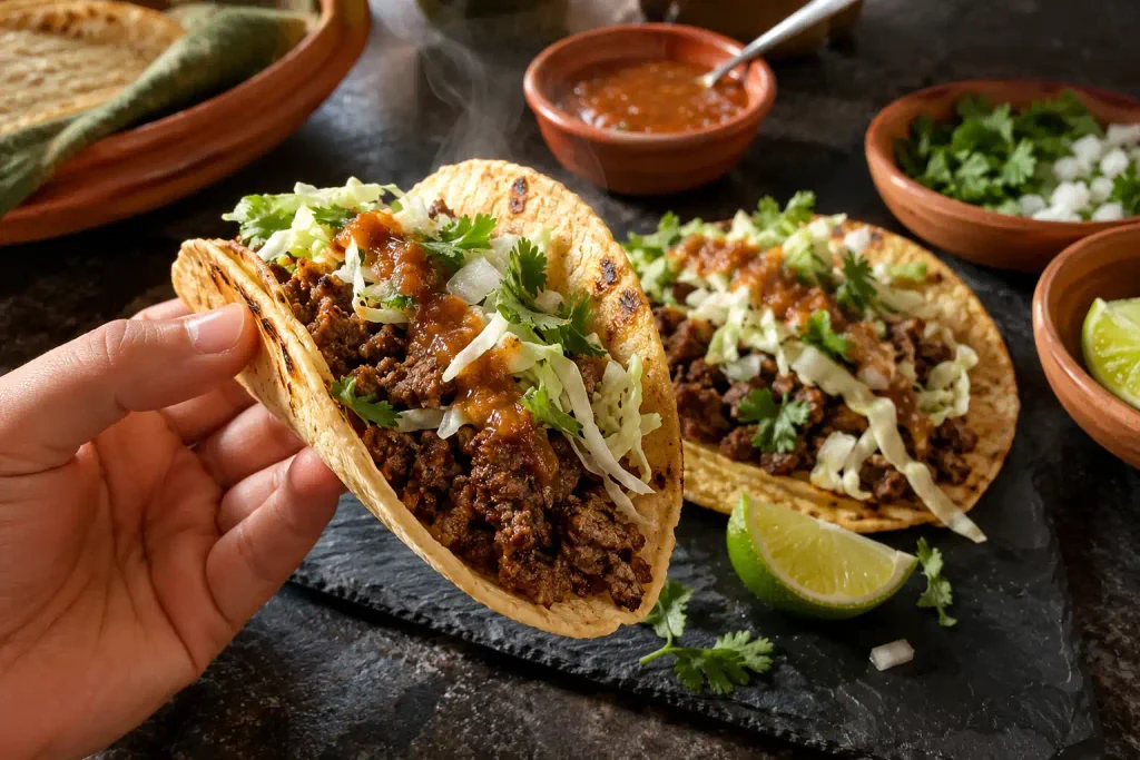 Ground Beef Recipes: 12 Hearty Dinners for Weeknights and Weekends 3 Hand holding a ground beef taco with cabbage and lime