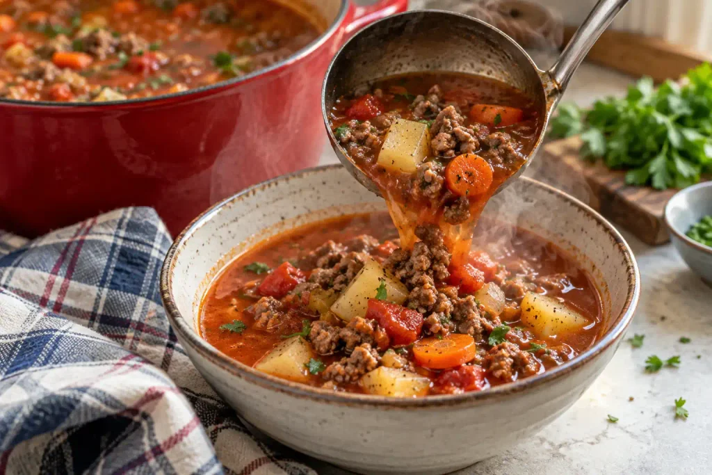 Ground Beef Recipes: 12 Hearty Dinners for Weeknights and Weekends 7 Ladle pouring hamburger soup with potatoes and carrots into a bowl