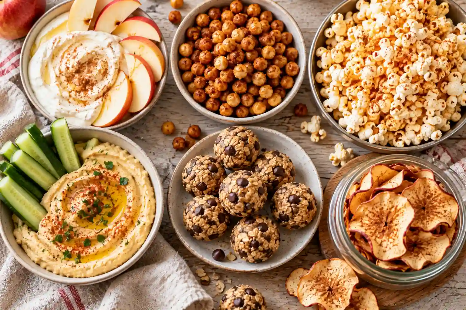 Healthy Snacks: 12 Simple Recipes to Grab Fast or Make Ahead 1 Overhead table of healthy snacks including yogurt dip, roasted chickpeas, popcorn, hummus and oat bites