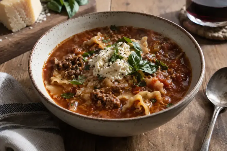 Lasagna Soup Recipe: A Hearty One Pot Dinner in 40 Minutes 6 Bowl of lasagna soup topped with ricotta, mozzarella, and fresh basil