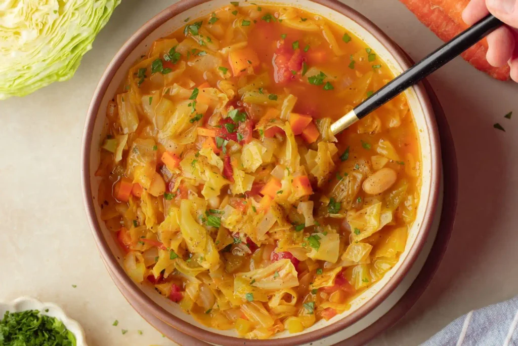 Cabbage Soup Recipe: A Hearty One Pot Dinner Ready in 45 Minutes 2 Homemade cabbage soup with cabbage, carrots, tomatoes, beans, and fresh herbs in a bowl.