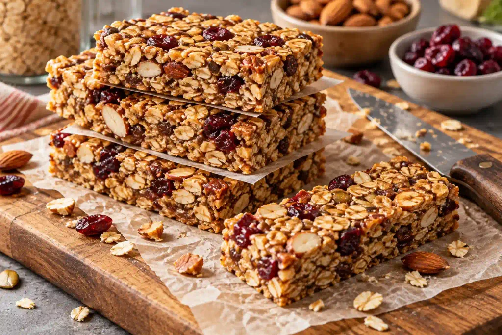 Healthy Snacks: 12 Simple Recipes to Grab Fast or Make Ahead 11 Stacked granola bars showing oats, almonds and cranberries in the cut edge on a wooden board
