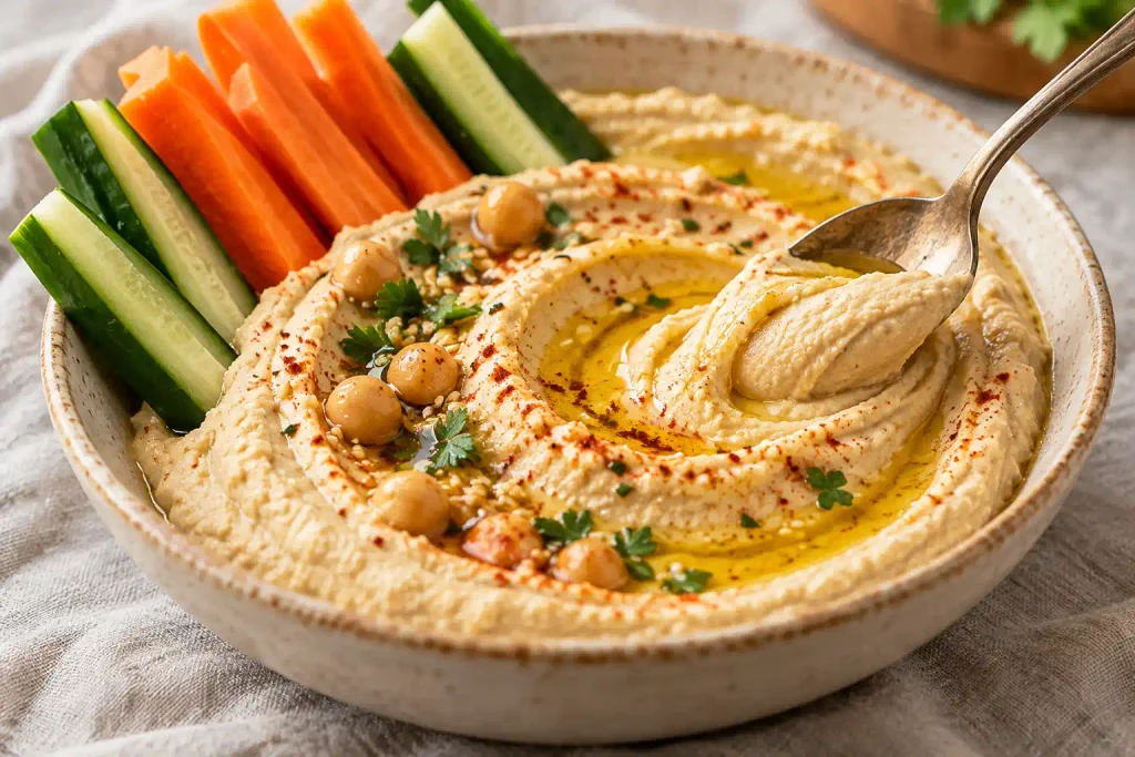 Healthy Snacks: 12 Simple Recipes to Grab Fast or Make Ahead 7 Spoon swirling smooth hummus in a shallow bowl with carrot and cucumber sticks on the rim