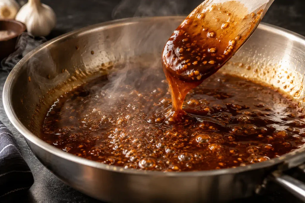 Honey garlic glaze reducing to a thick coat in a skillet