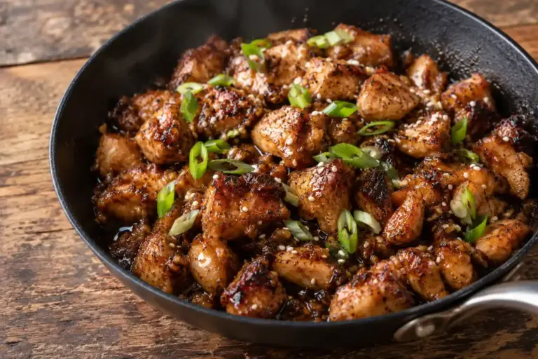 Glossy honey garlic chicken pieces coated in sticky glaze in a skillet