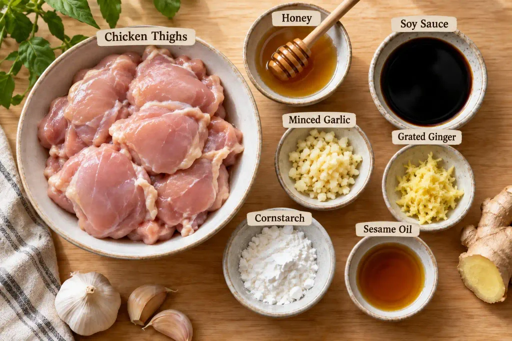 Raw ingredients for honey garlic chicken arranged on a wood board