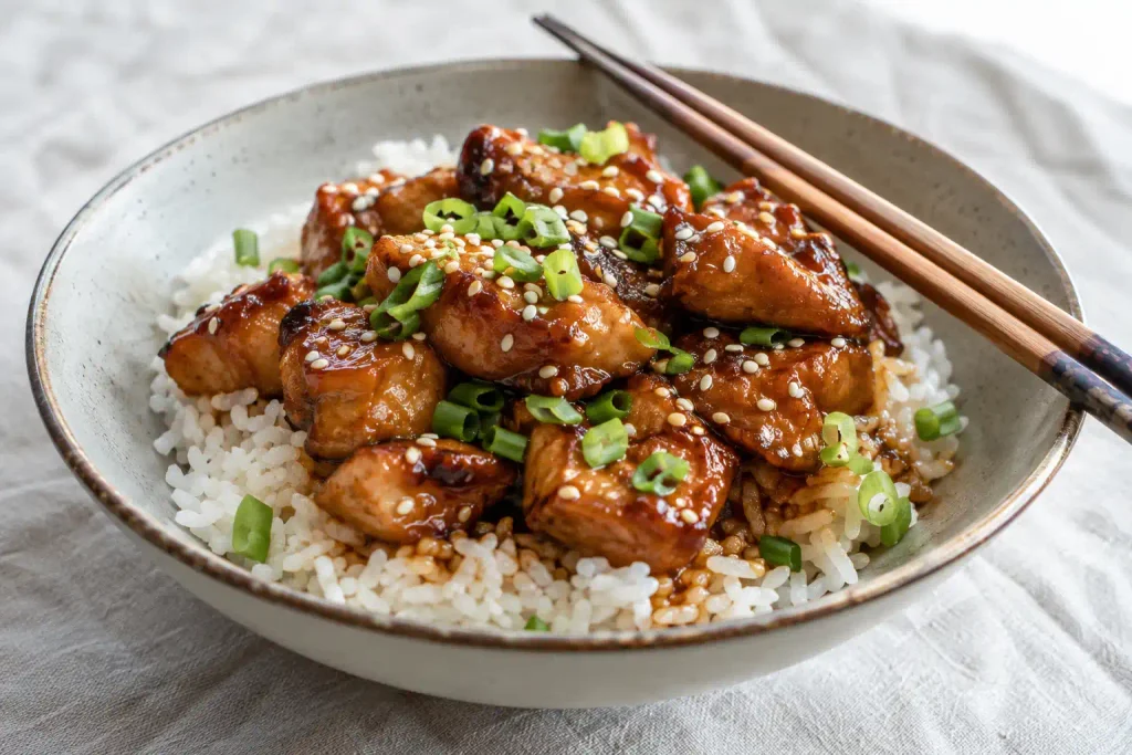 Honey garlic chicken served over steamed rice with sesame seeds
