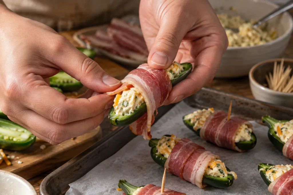 wrapping beef bacon around a stuffed jalapeno half before baking