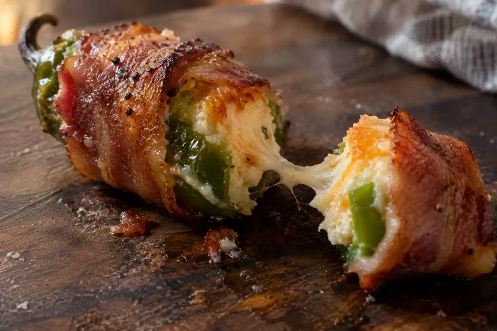 melted cheese pulling from a bitten jalapeno popper with crisp bacon