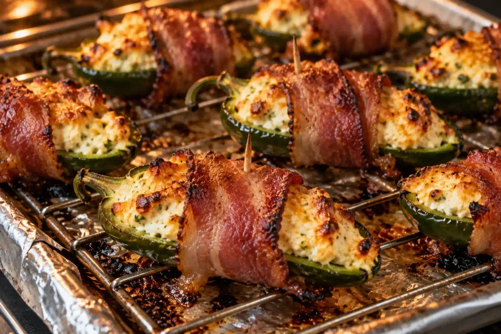 bacon edges crisping on jalapeno poppers under the oven broiler