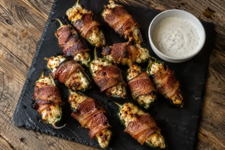 baked jalapeno poppers wrapped in bacon on a slate serving platter