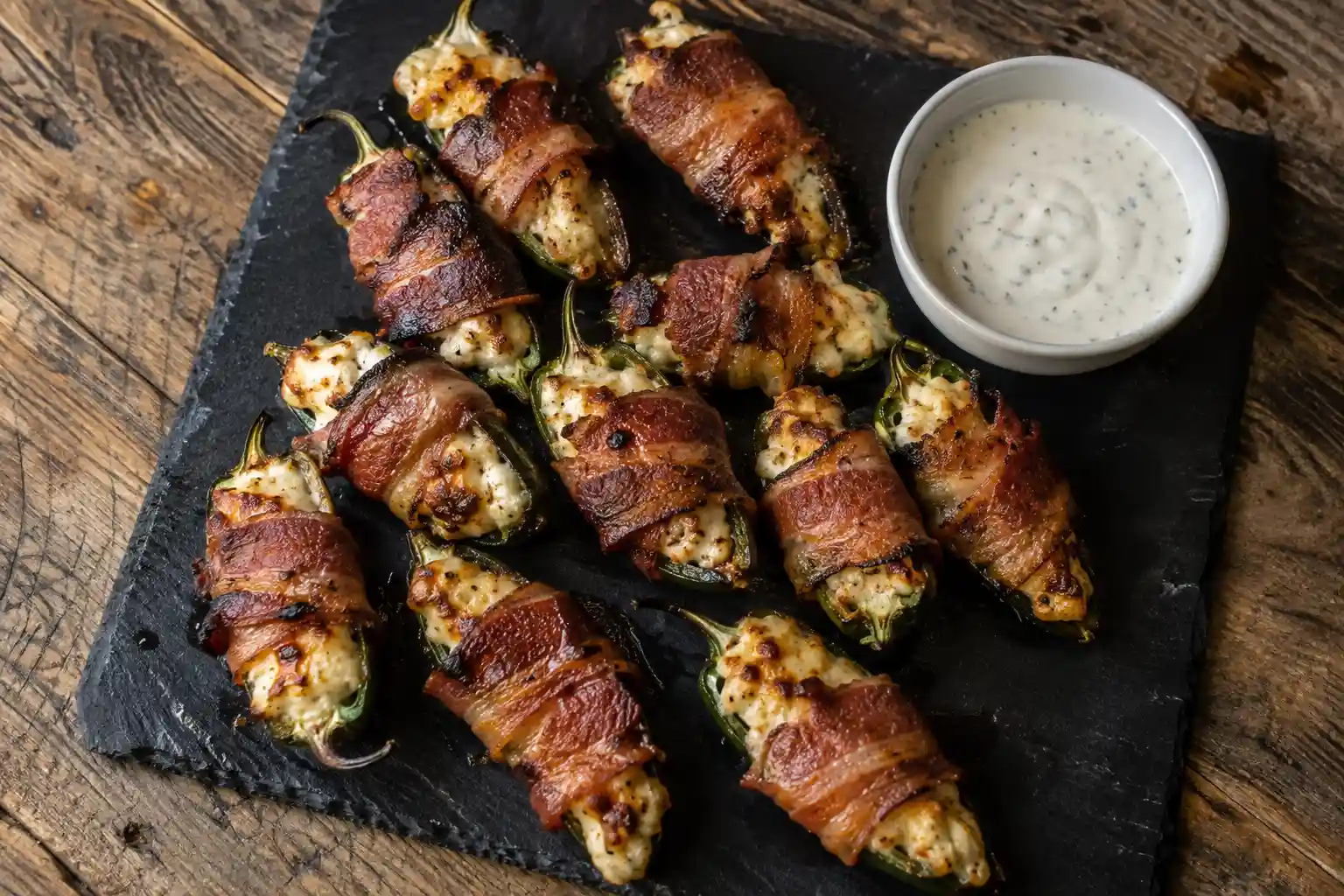 baked jalapeno poppers wrapped in bacon on a slate serving platter