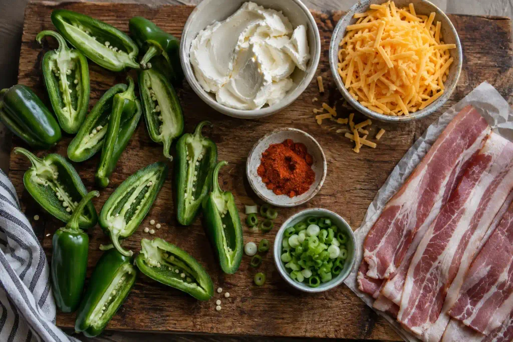 raw ingredients for jalapeno poppers laid out on a wood board