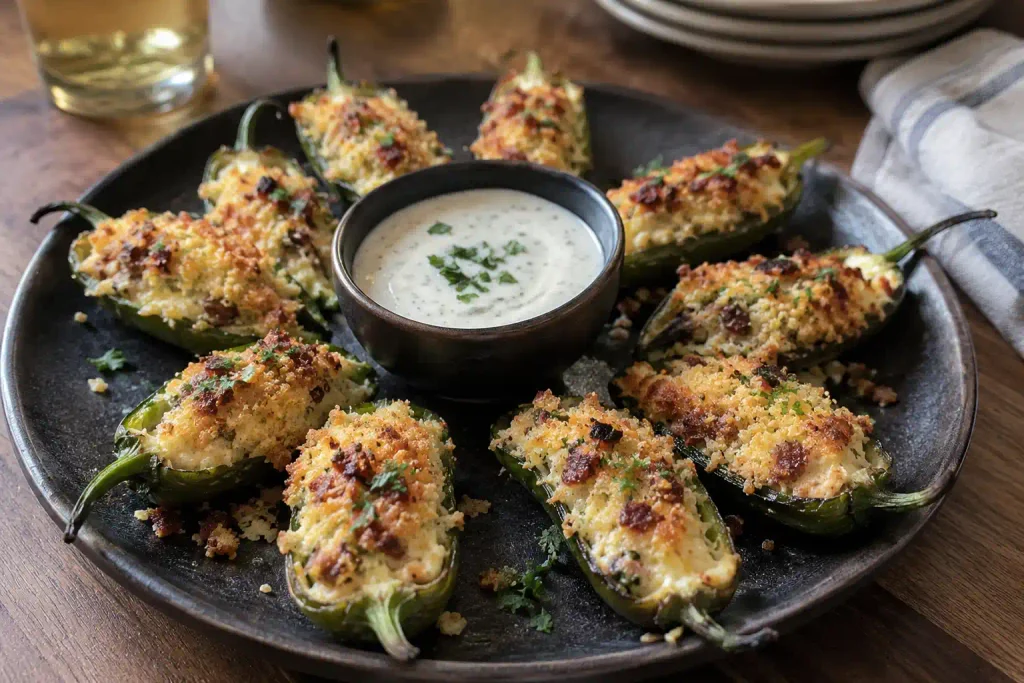 baked jalapeno poppers served on a platter with ranch dip