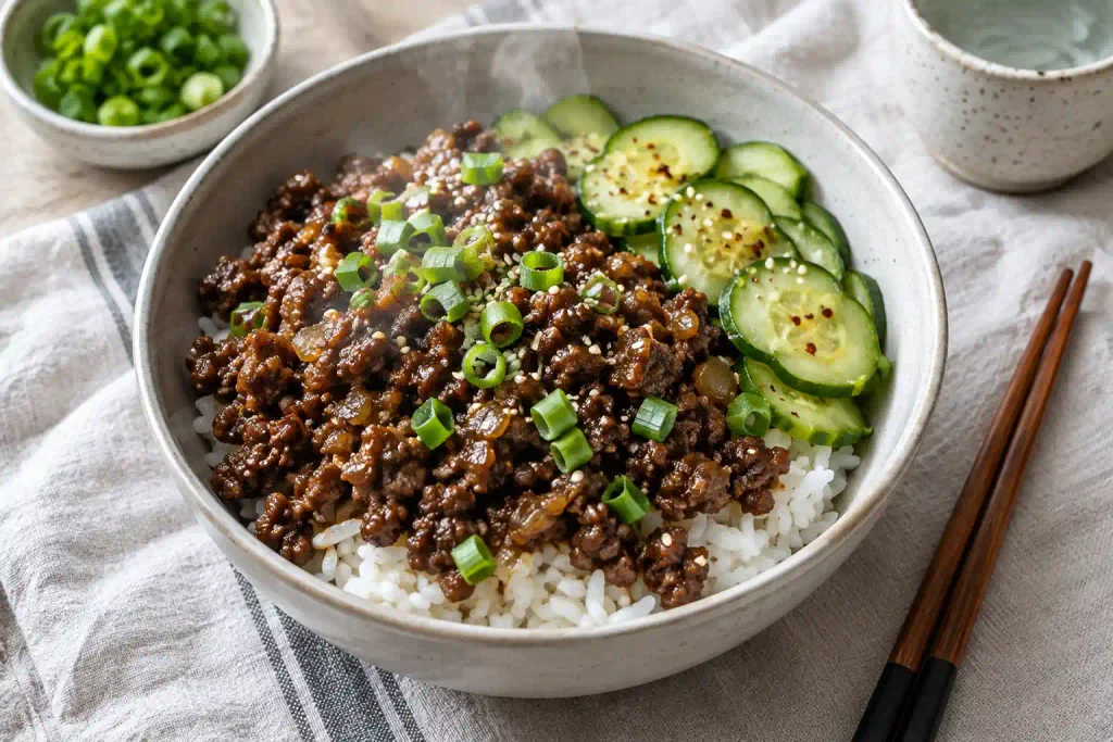 Ground Beef Recipes: 12 Hearty Dinners for Weeknights and Weekends 2 Korean beef bowl with browned beef over rice, cucumber slices and sesame seeds