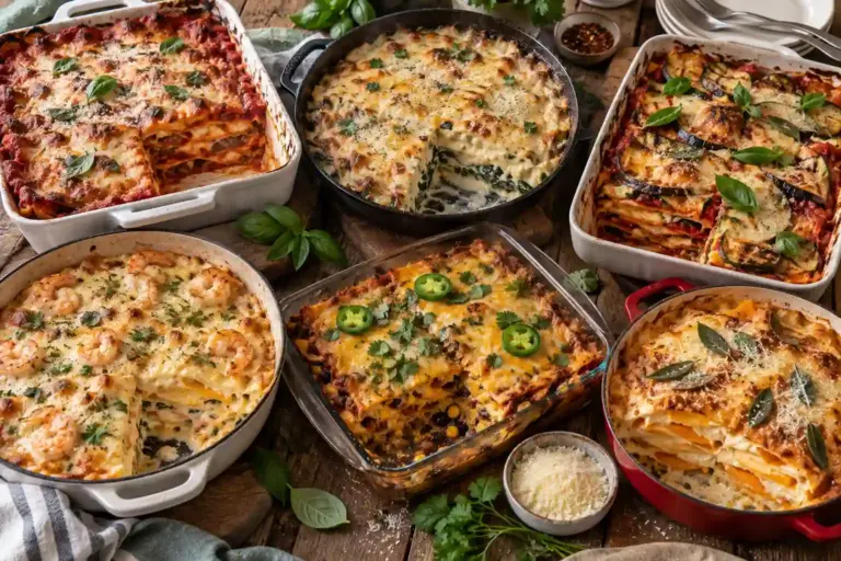 Lasagna Recipes: 12 Cheesy Dinners for Oven, Stovetop, or Slow Cooker 19 Overhead spread of assorted lasagna recipes including red sauce, white sauce, and vegetable versions