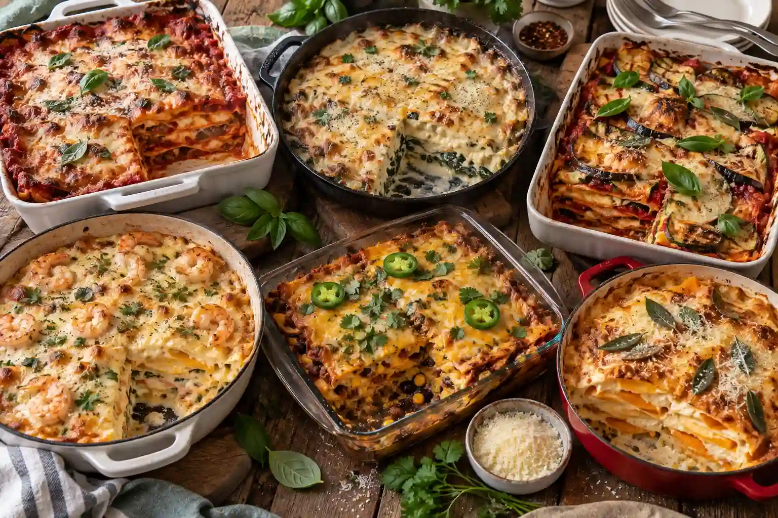 Overhead spread of assorted lasagna recipes including red sauce, white sauce, and vegetable versions