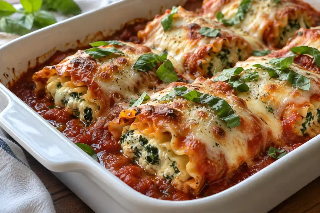 Individual lasagna roll ups arranged in a baking dish with sauce and basil