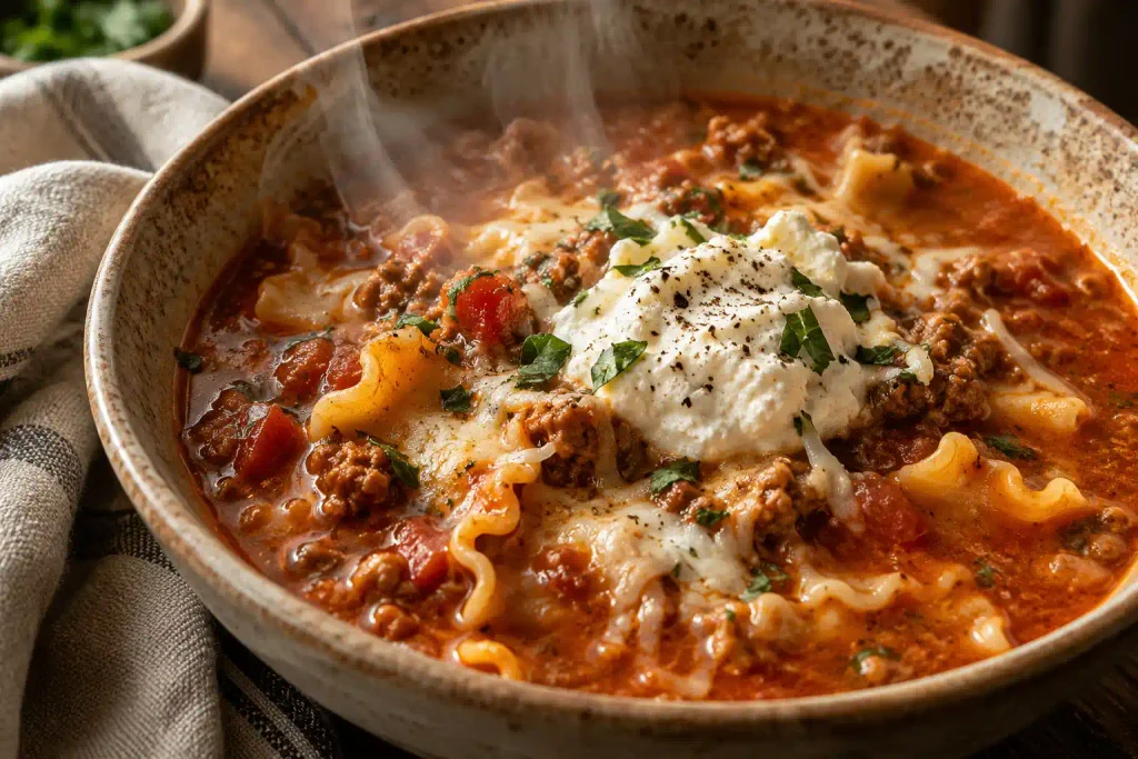 Bowl of lasagna soup with broken pasta, melted cheese, and a ricotta dollop