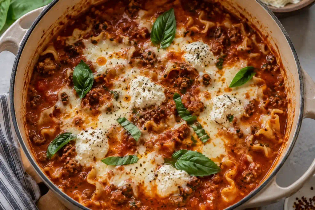 Lasagna Soup Recipe: A Hearty One Pot Dinner in 40 Minutes 6 Overhead view of a full pot of homemade lasagna soup
