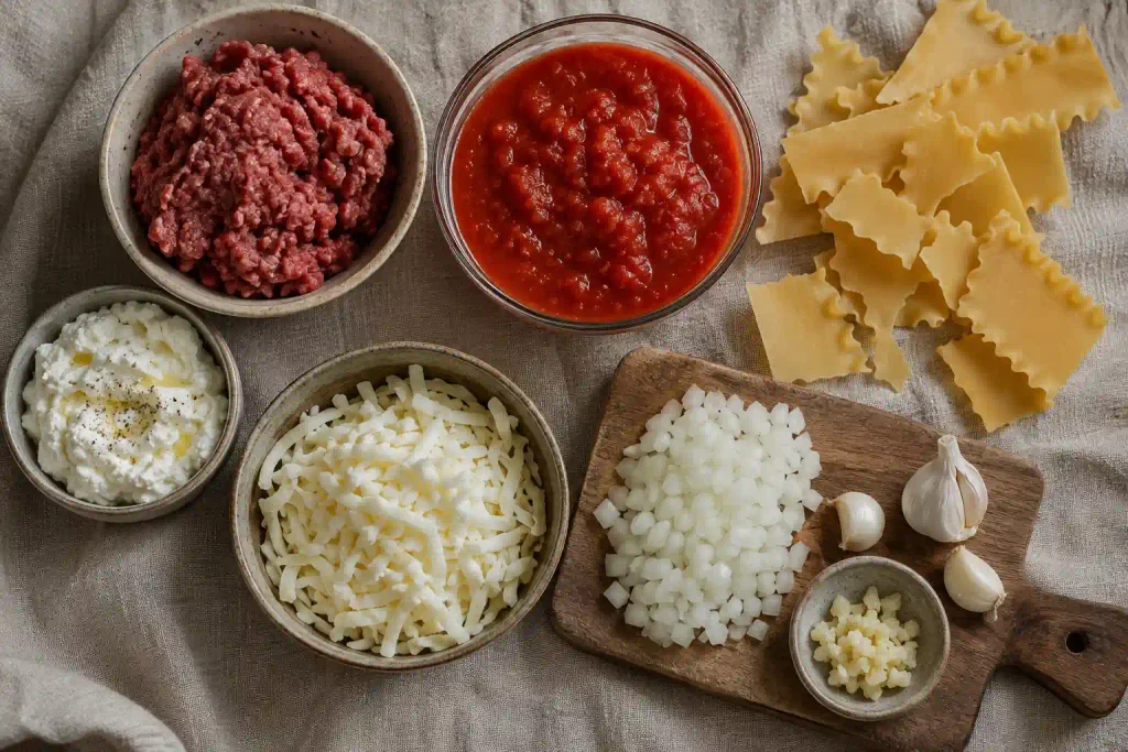 Lasagna Soup Recipe: A Hearty One Pot Dinner in 40 Minutes 3 Raw ingredients for lasagna soup recipe arranged in an overhead flat lay