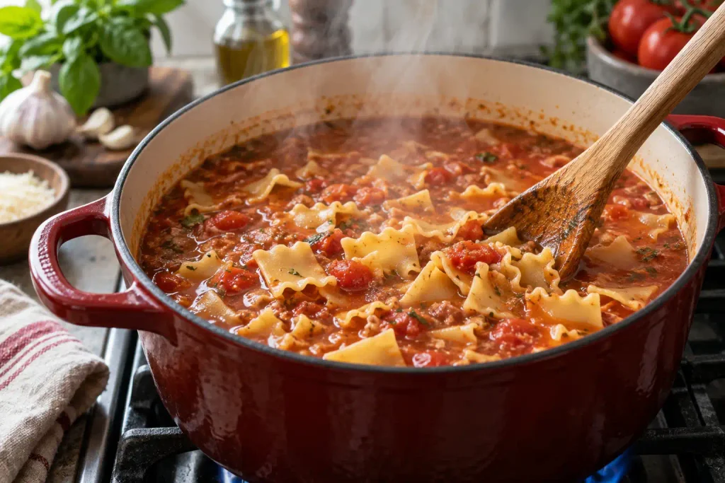 Lasagna Soup Recipe: A Hearty One Pot Dinner in 40 Minutes 5 Broken noodles simmering in lasagna soup broth on the stove