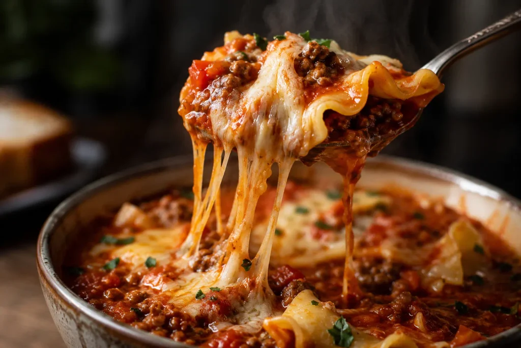Lasagna Soup Recipe: A Hearty One Pot Dinner in 40 Minutes 7 Spoon lifting a cheesy bite from a bowl of lasagna soup