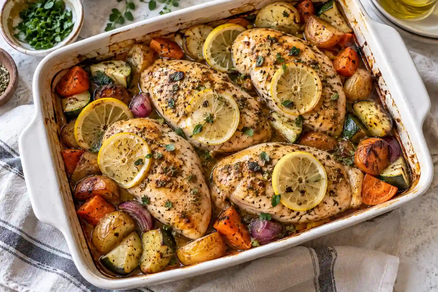 Chicken Breast Recipes: 12 Juicy Ways to Fix Weeknight Dinner 7 Baked chicken breast recipes shown with lemon slices and herbs in a dish