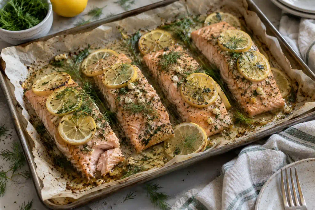 Dinner Ideas: 12 Easy Recipes for Fast Nights and Slow Ones 3 Lemon herb salmon, an easy dinner, on a parchment lined sheet pan with lemon slices and dill