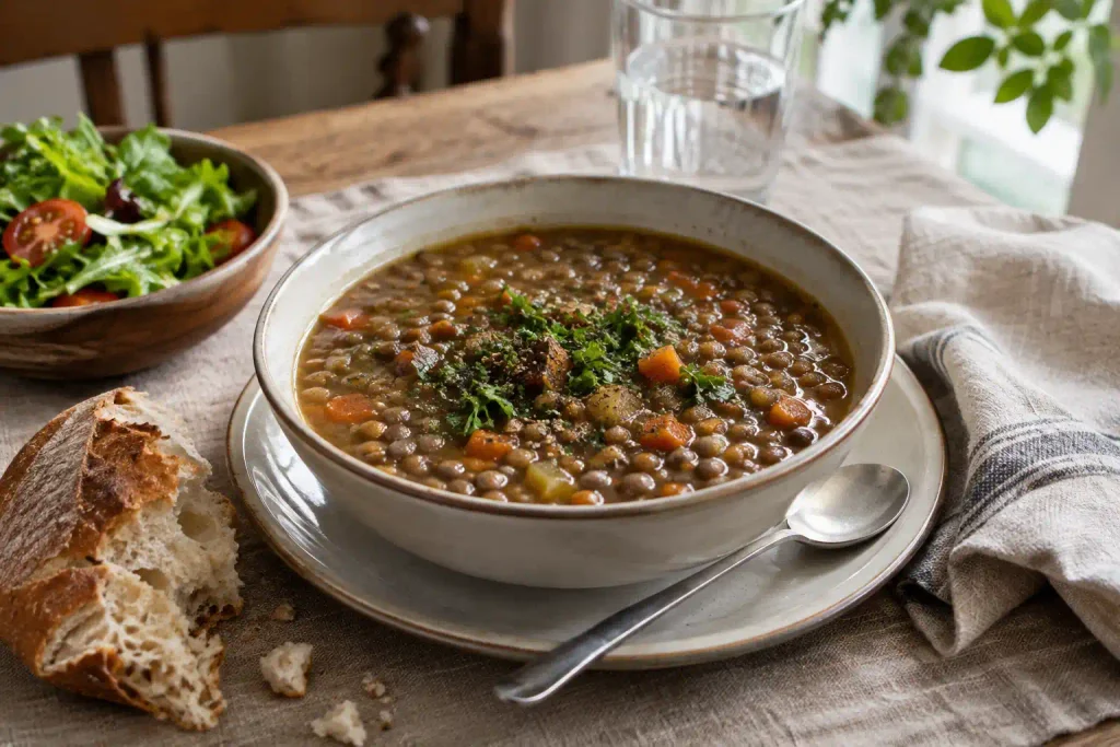 Lentil soup served at the table with crusty bread and a side salad