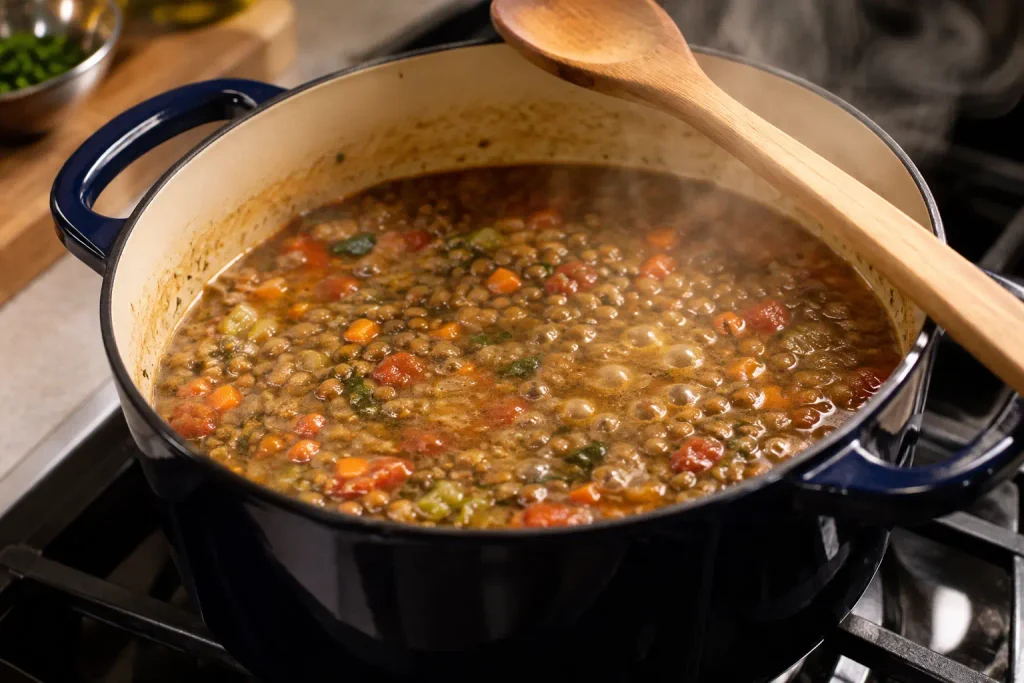 Lentil soup simmering in a Dutch oven with a wooden spoon resting nearby
