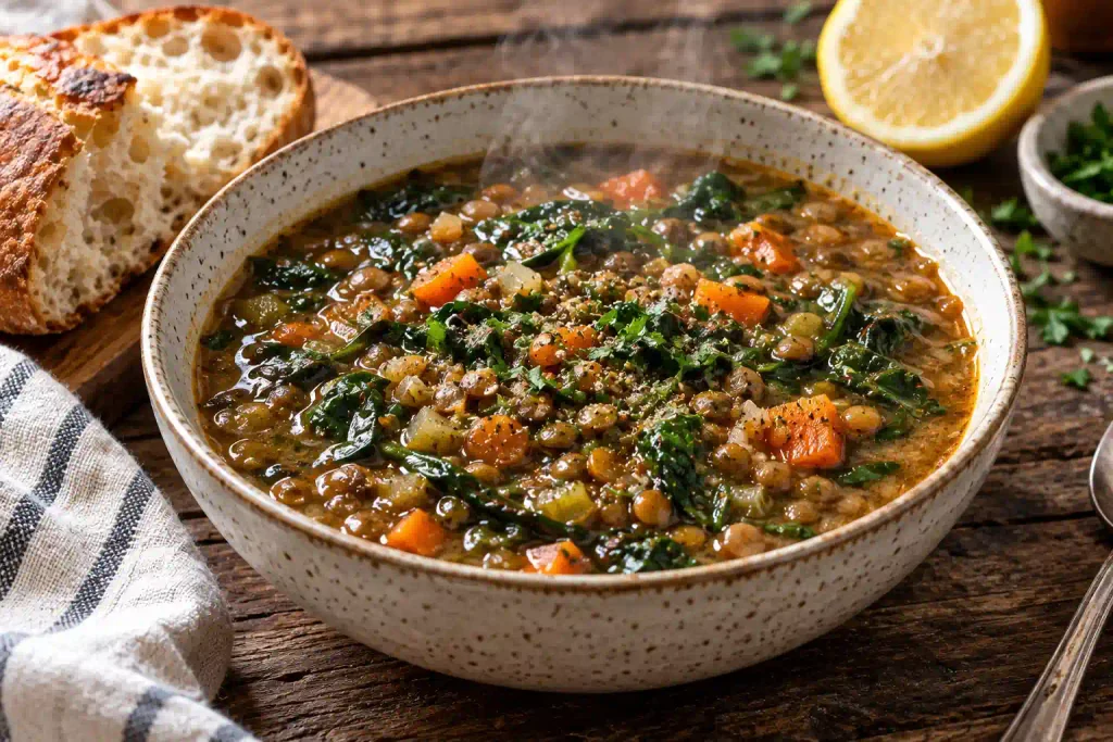 Crockpot Recipes: 12 Hearty Meals That Do the Work While You're Out 9 Speckled bowl of lentil soup with spinach next to crusty bread and a lemon half