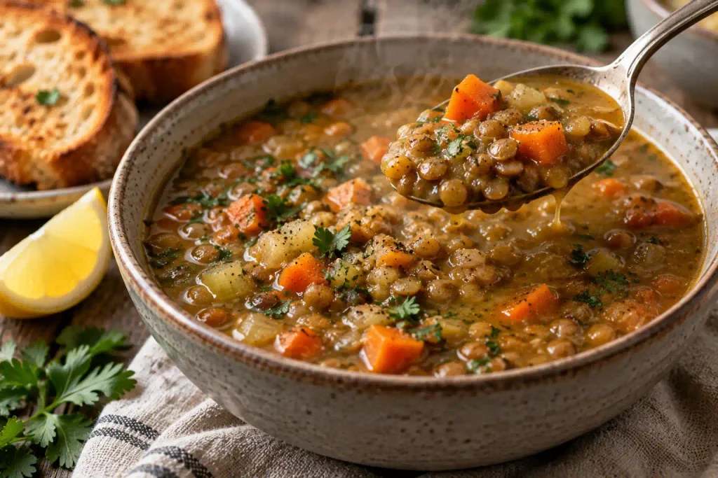 Dinner Ideas: 12 Easy Recipes for Fast Nights and Slow Ones 8 A spoon lifting lentil soup from a grey bowl beside a lemon wedge and toasted bread