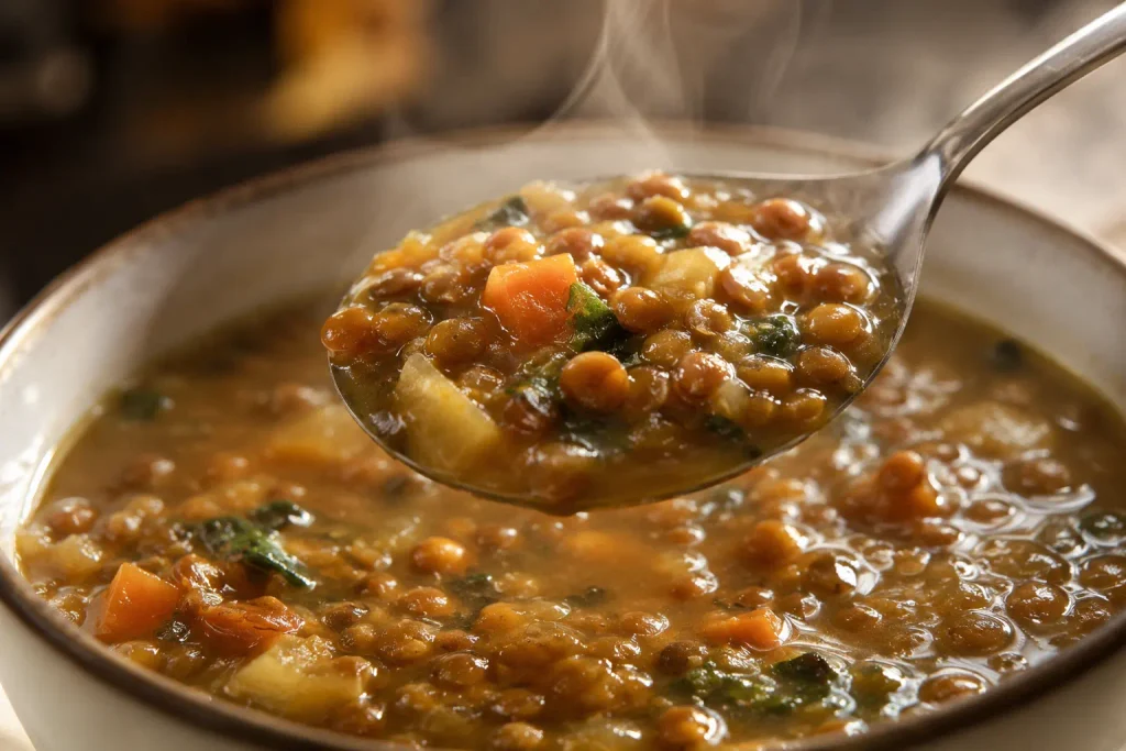 Spoon lifting a glossy bite of creamy lentil soup from the bowl