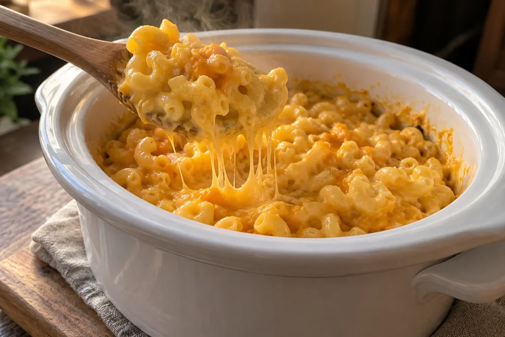 Crockpot Recipes: 12 Hearty Meals That Do the Work While You're Out 2 Wooden spoon lifting glossy cheddar macaroni from a ceramic slow cooker insert