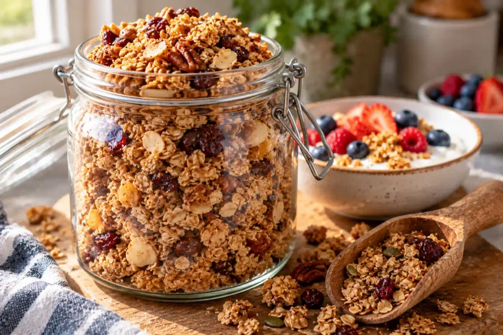 Glass jar of clumpy maple oat granola with a wooden scoop