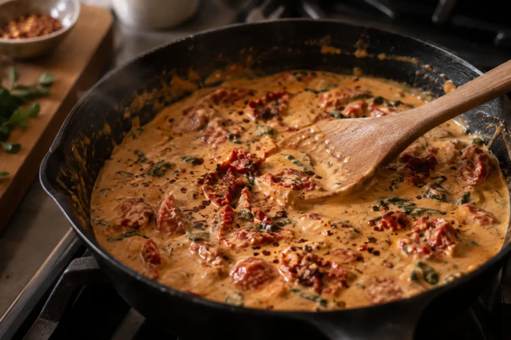 Sun-dried tomato cream sauce simmering in a skillet before chicken returns