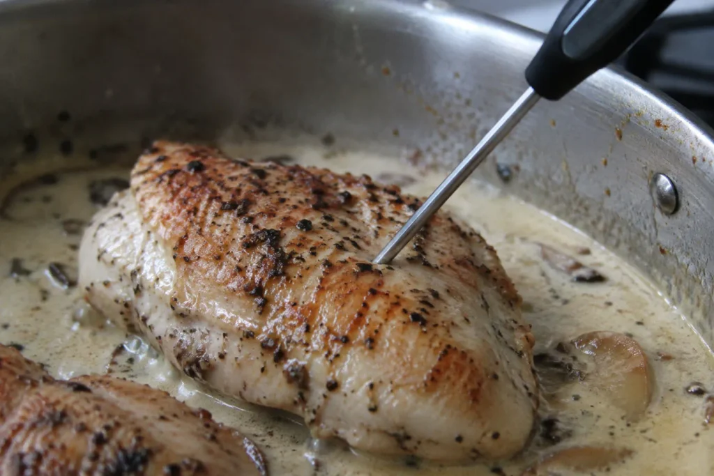 Thermometer checking doneness of marry me chicken in creamy sauce