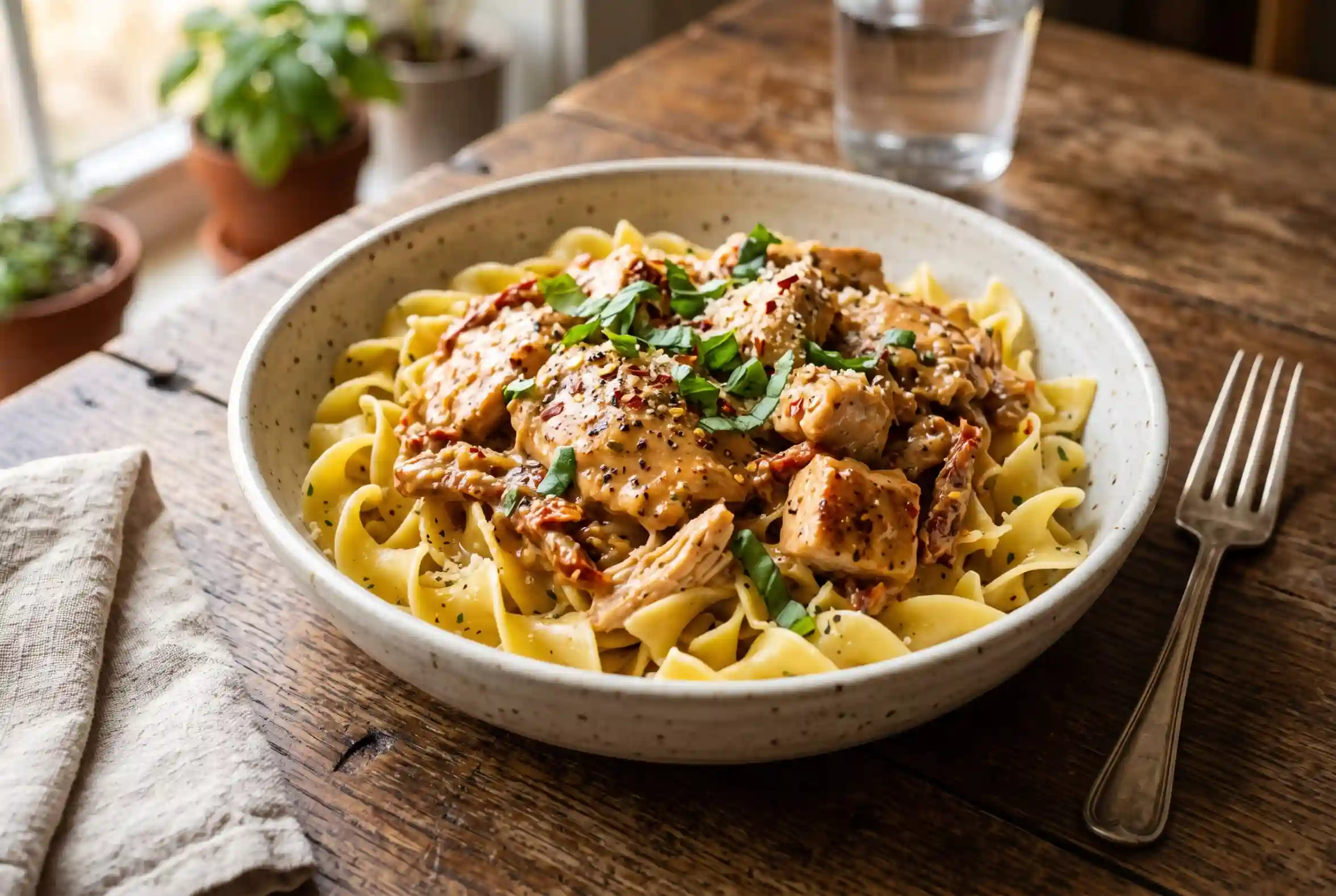 Marry me chicken breast in creamy sun-dried tomato sauce plated over noodles