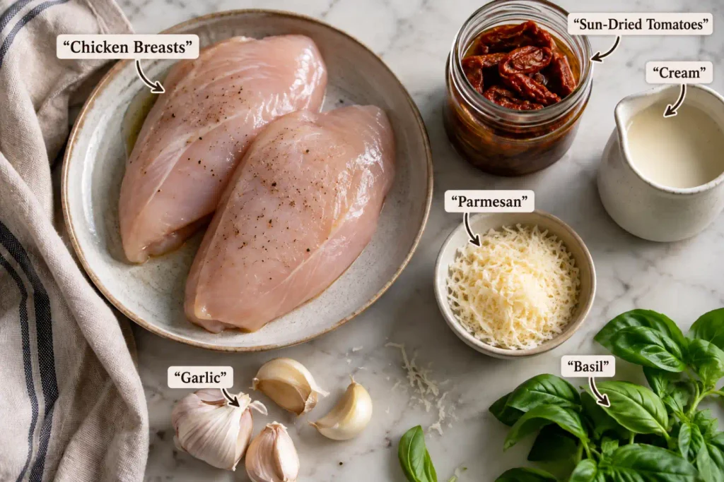 Raw ingredients for marry me chicken recipe arranged on a marble counter