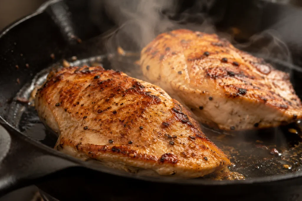 Chicken searing golden brown in a cast iron skillet for marry me chicken
