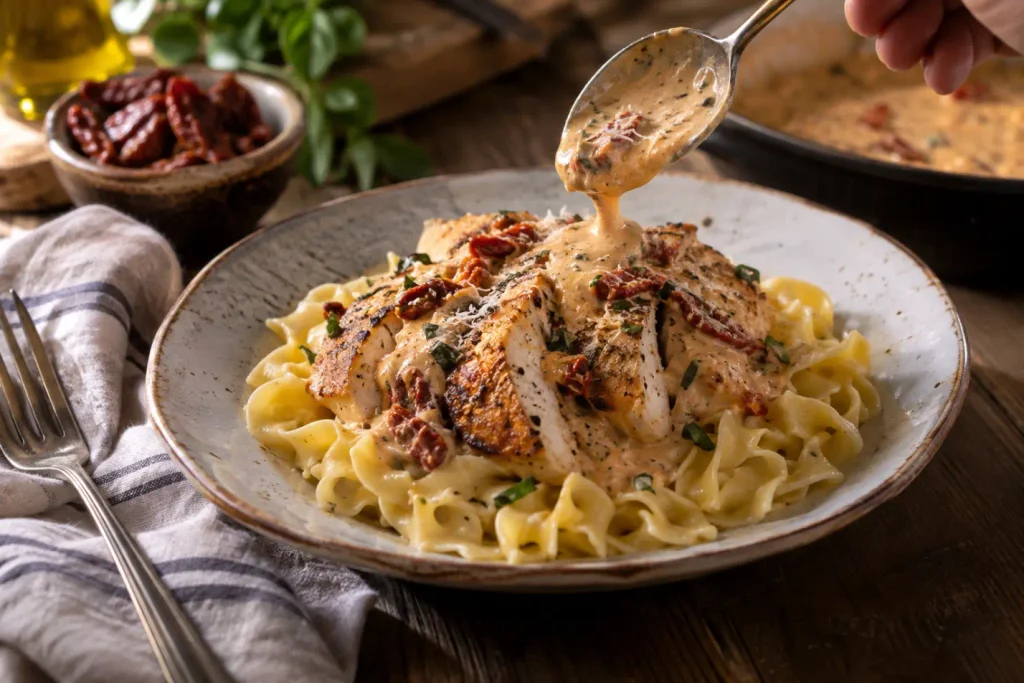 Spooning creamy sauce over marry me chicken and noodles for serving